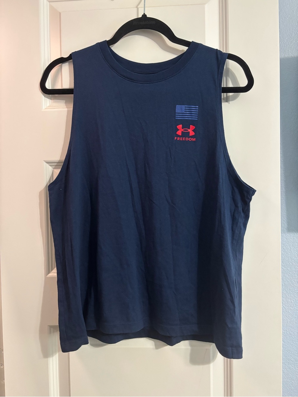 Under Armour Navy Blue Muscle Tee with Red Logo